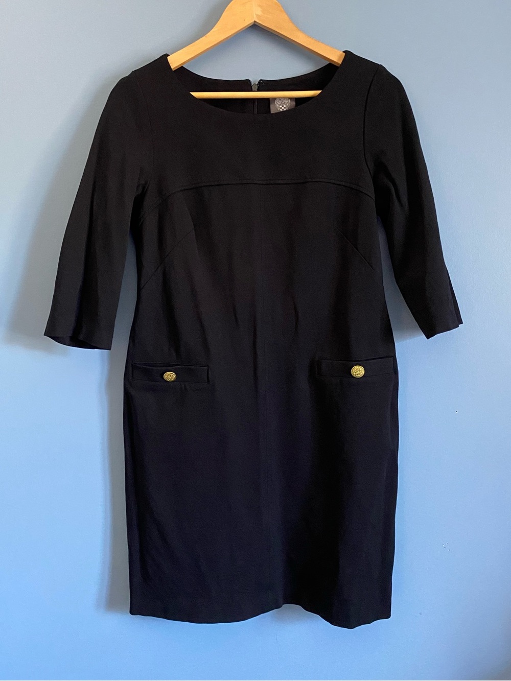 Vince Camuto Classic Black Dress with Gold Button Details